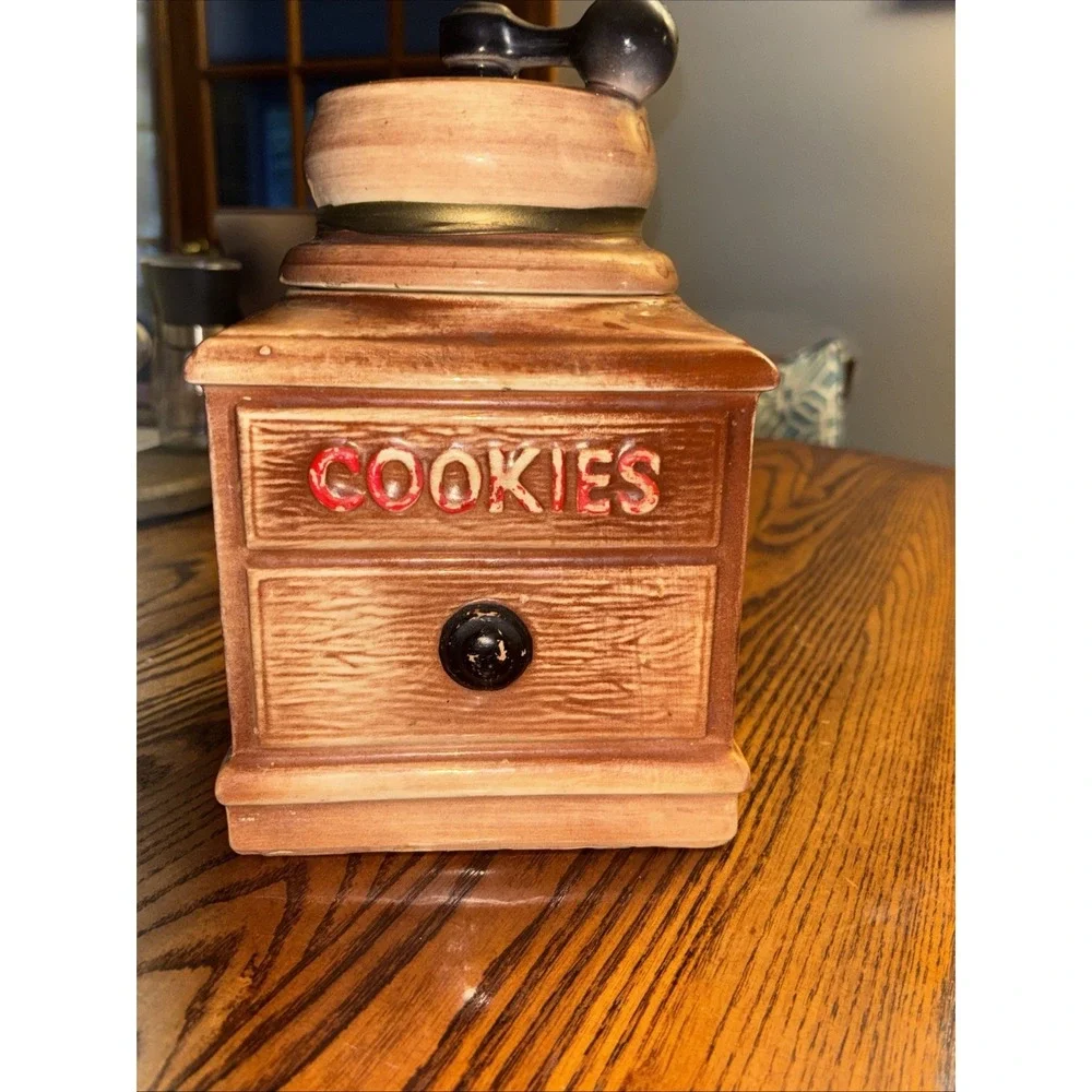 McCoy Brown Ceramic Coffee Grinder Mill Square Shaped Cookie Jar With Lid
